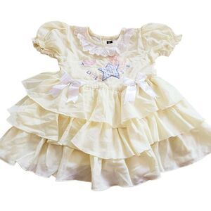 Vintage Yellow Girls Party Dress w/Star Moon Cat